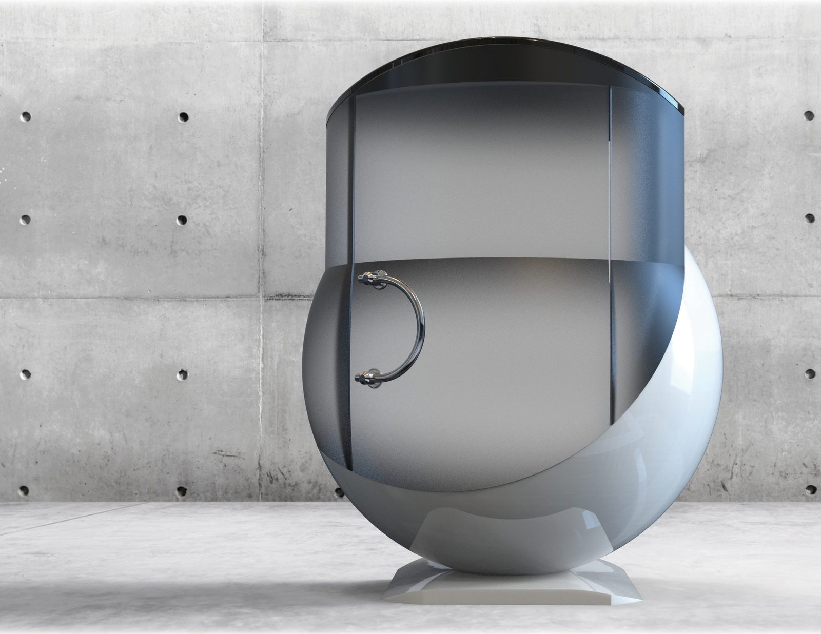 Glossy spherical enclosure concept with a chrome handle