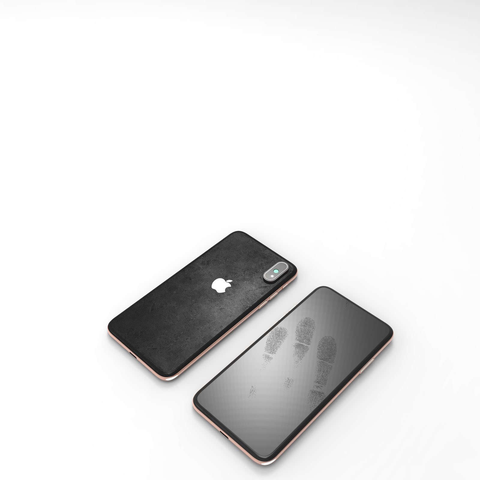 Two smartphones rendered — a textured back and a fingerprint-marked glass front