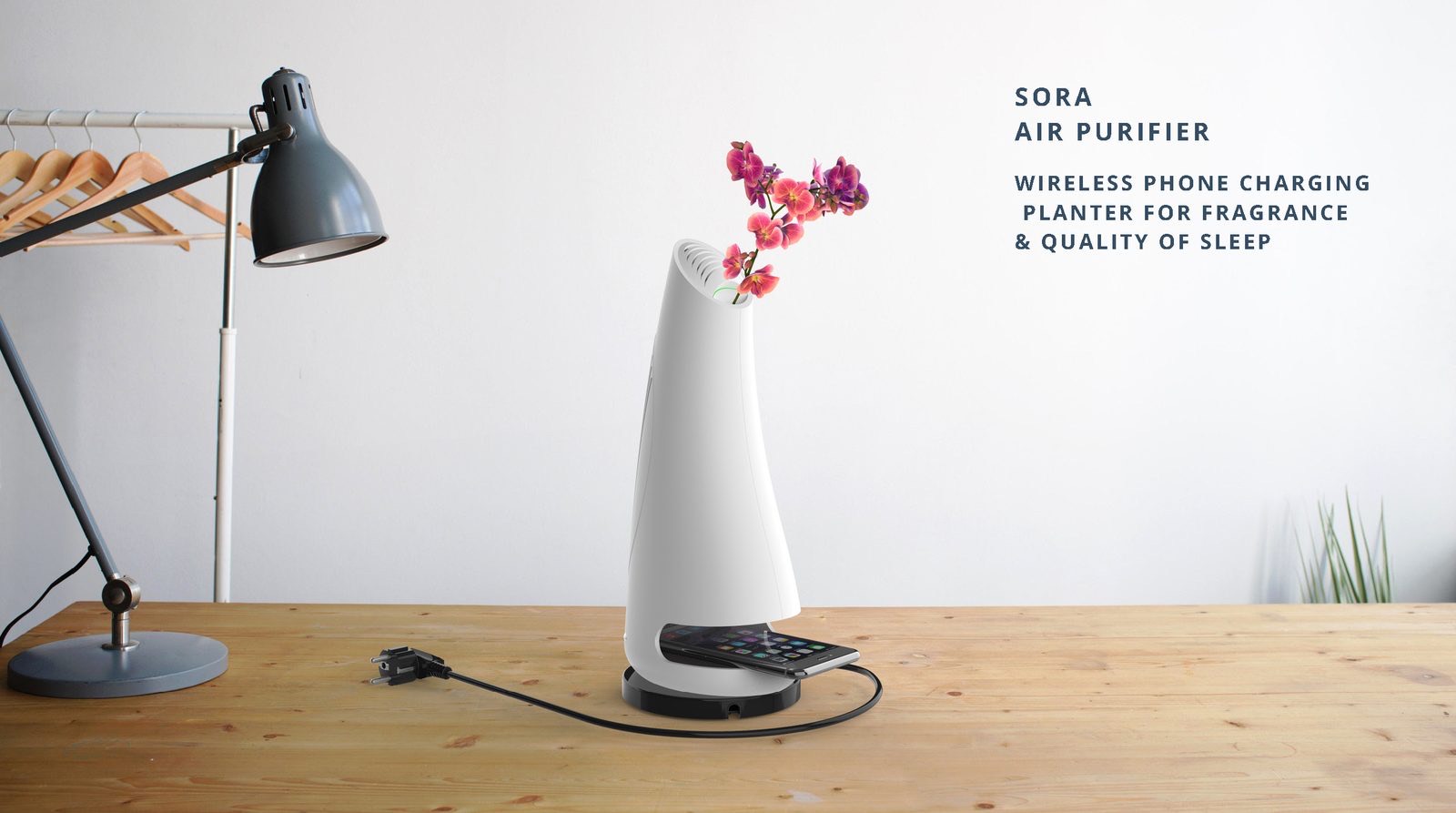 Sora air purifier concept — planter on top, wireless charging at the base